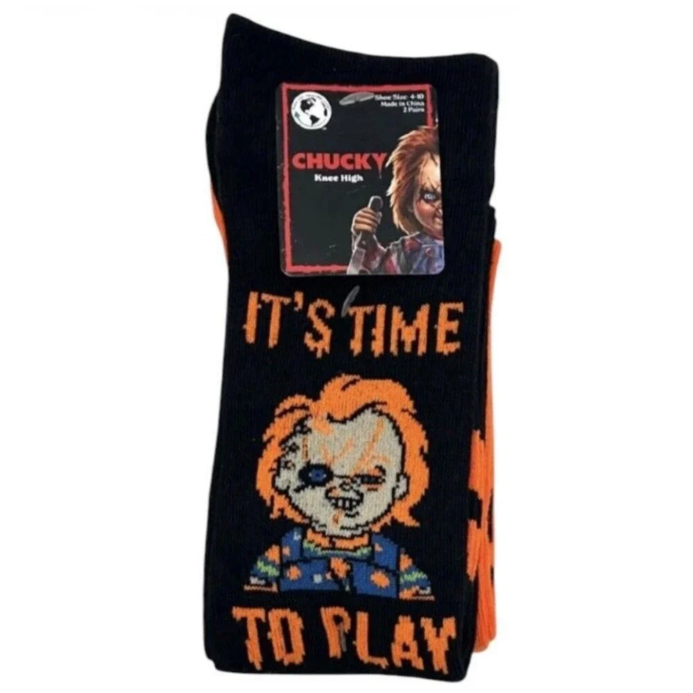2x Chucky IT'S TIME TO PLAY Novelty Halloween Knee High Socks Shoe Size 4-10